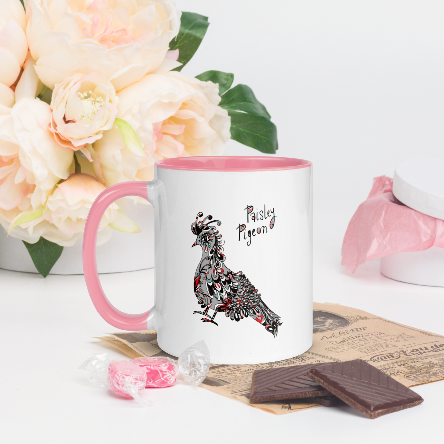 Grey Paisley Pigeon Ceramic Mug - coloured rim, inside and handle