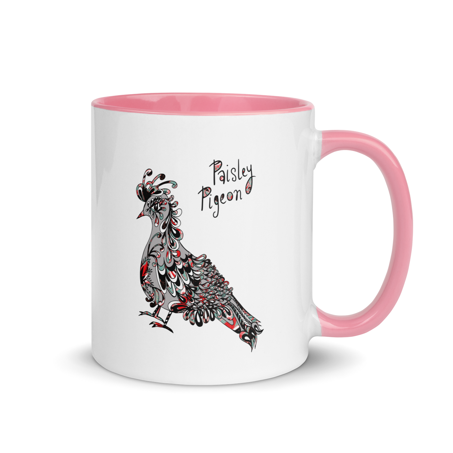 Grey Paisley Pigeon Ceramic Mug - coloured rim, inside and handle