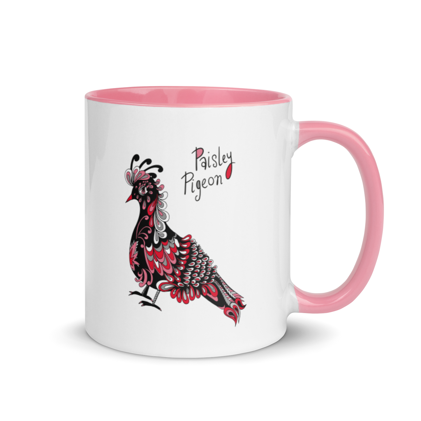 Red Paisley Pigeon Ceramic Mug - coloured rim, inside and handle