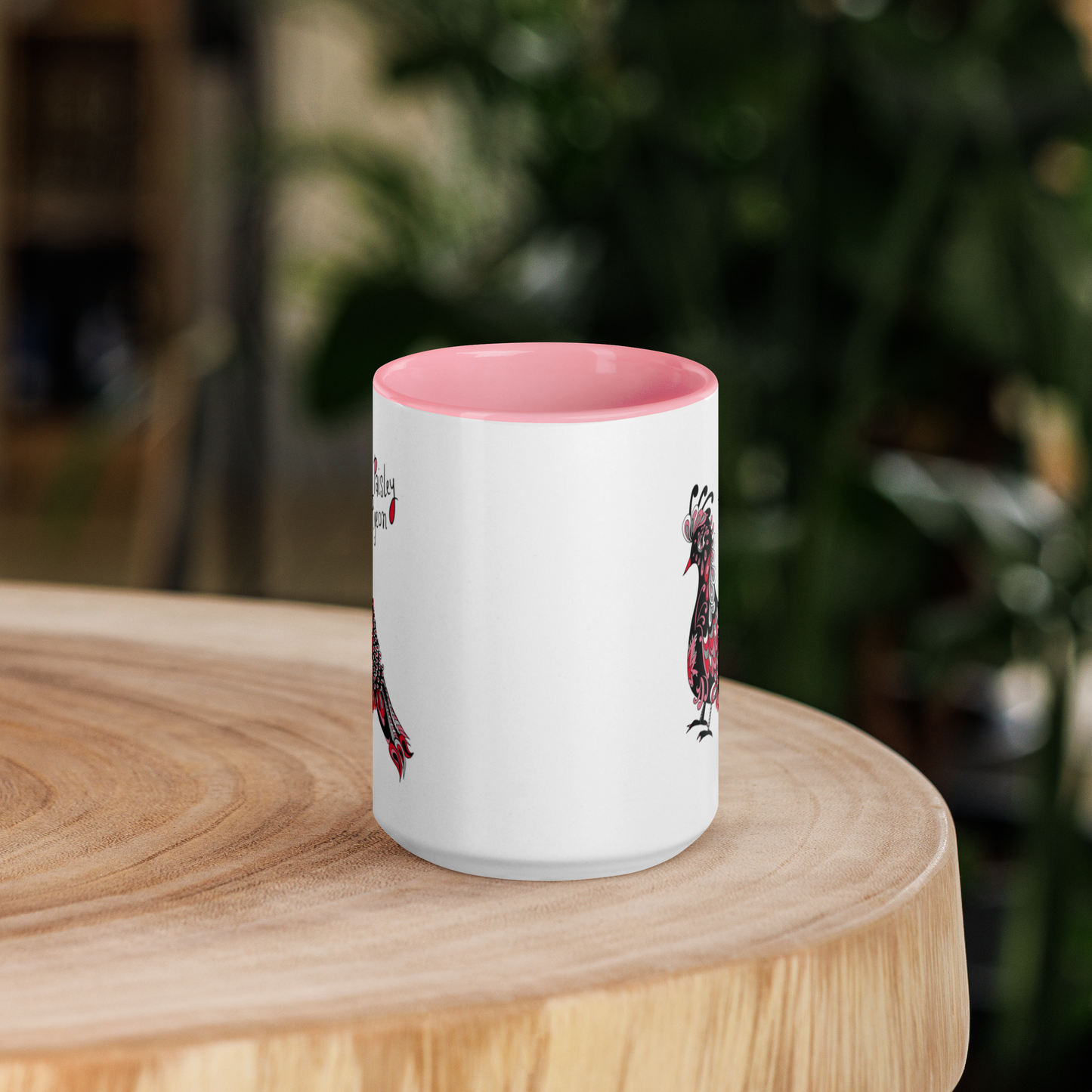 Red Paisley Pigeon Ceramic Mug - coloured rim, inside and handle