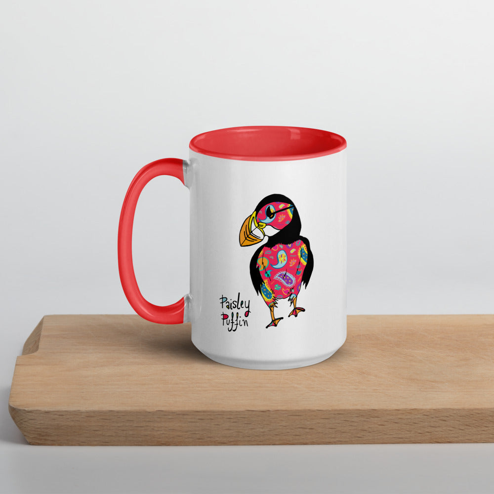 Red Puffin Ceramic Mug with Coloured Inside & Handle