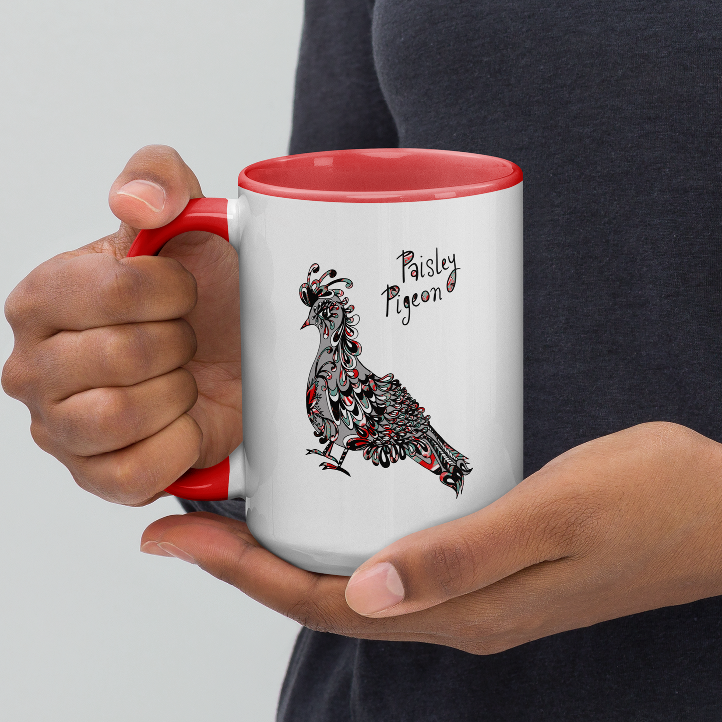Grey Paisley Pigeon Ceramic Mug - coloured rim, inside and handle