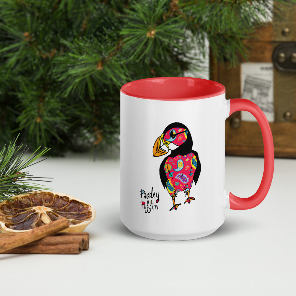 Red Puffin Ceramic Mug with Coloured Inside & Handle