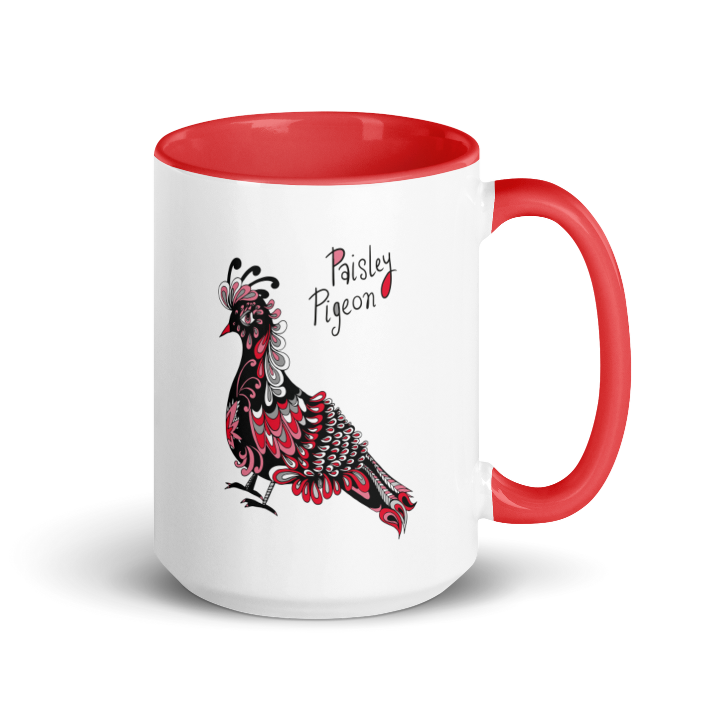Red Paisley Pigeon Ceramic Mug - coloured rim, inside and handle